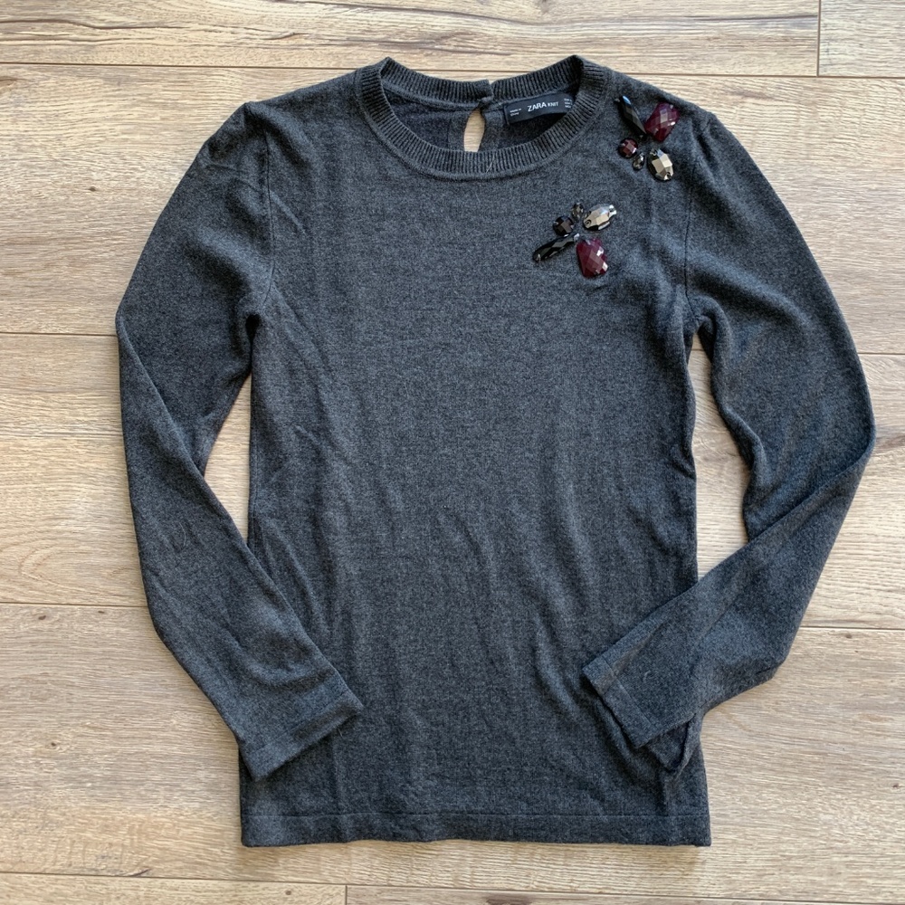 Zara Crewneck Grey Gem Sweater - Size XS
